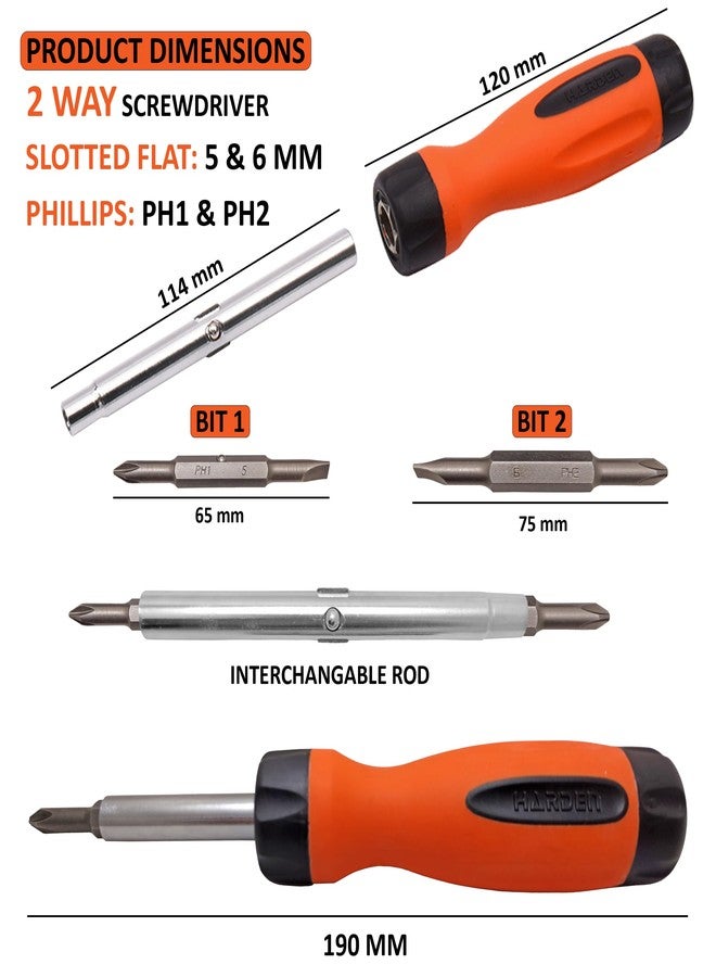 Harden 4-In-1 Screwdriver Set | 2 Two-Way Phillips and Slotted/Flat CR-V Bits (PH1+SL5, PH2+SL6) | Interchangeable Handle, for Home and Professional Use - 550386 - Image 2